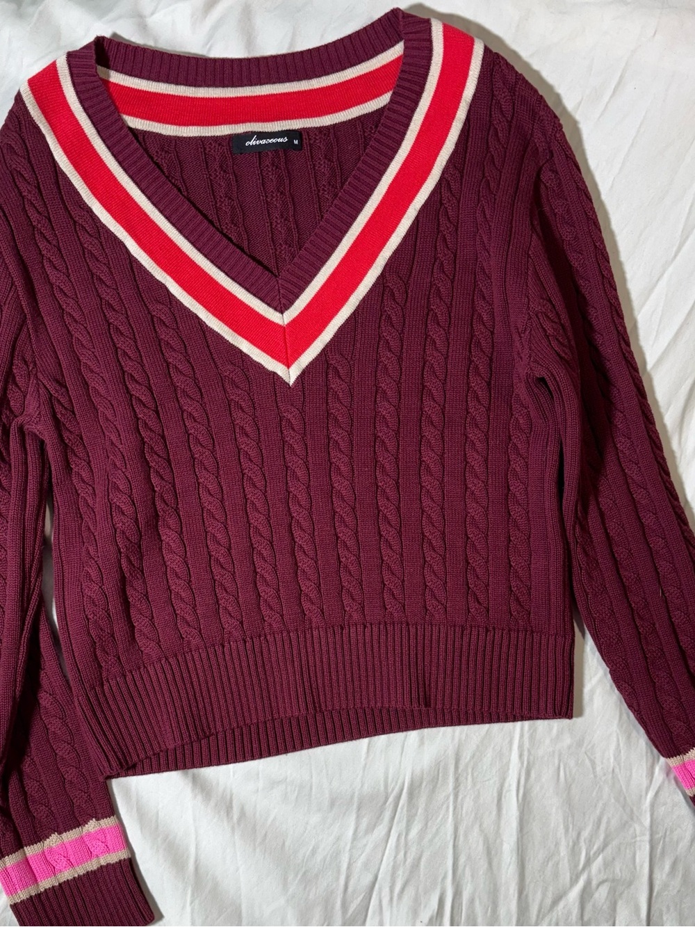 Olivaceous Burgundy Cable-Knit V-Neck Sweater with Red and Cream Stripe